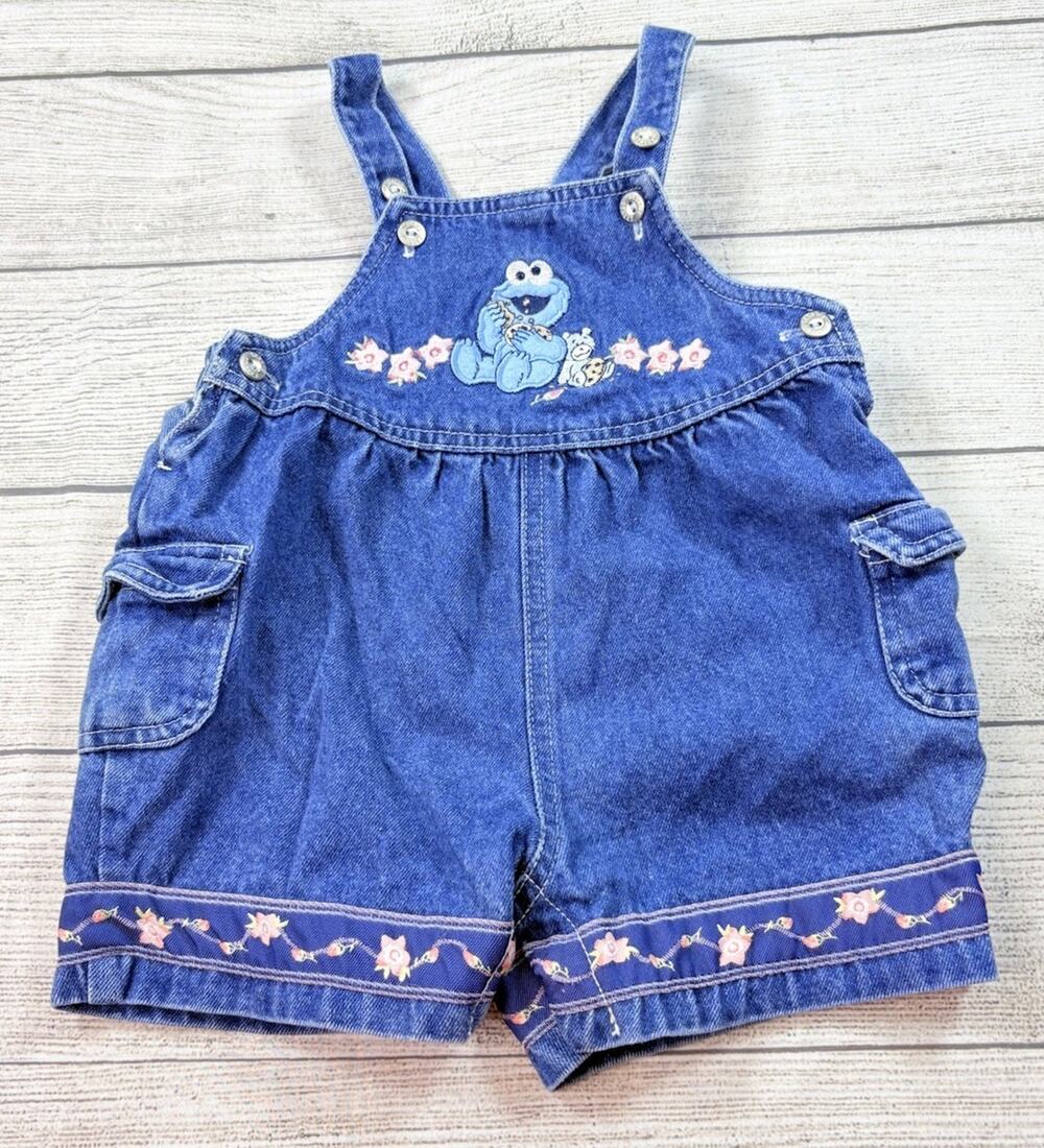 Vintage Sesame Street Cookie Monster Cotton Denim Shortalls Overall Size 12 Mo